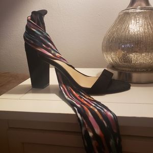 INC silk scarf tie up sandal heel.
